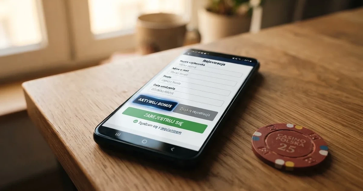 Smartfon z formularzem zakładania konta gracza i zakładką aktywacji środków bonusowych w sekcji konta