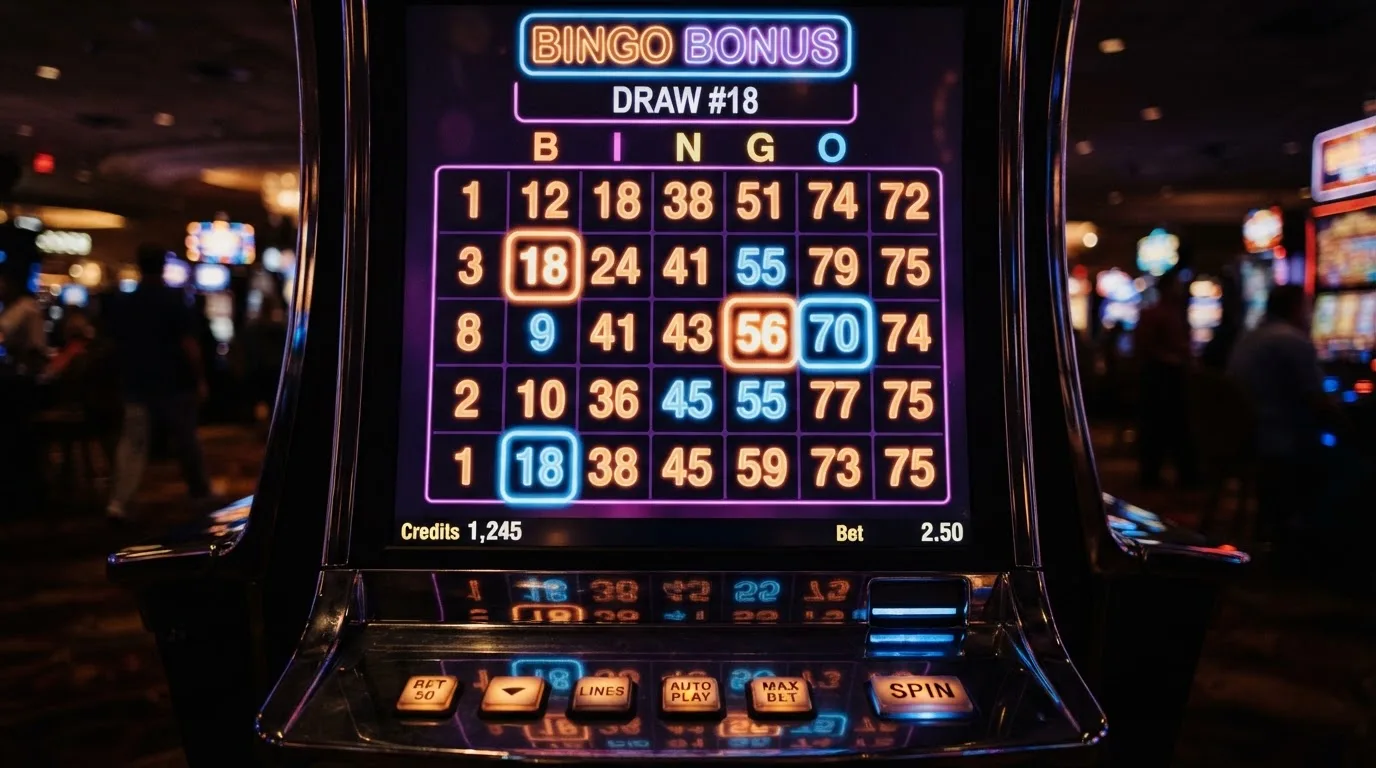Ekran automatu do gry z kolorową planszą w stylu bingo i podświetlonymi liczbami
