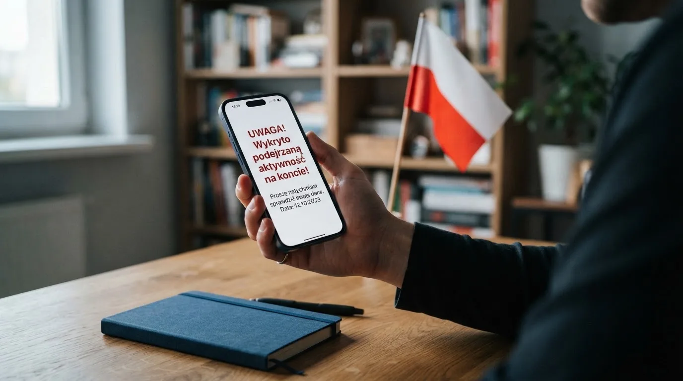 Dłoń trzymająca telefon z widocznym komunikatem ostrzegawczym o legalności hazardu online na tle biało-czerwonej flagi Polski.