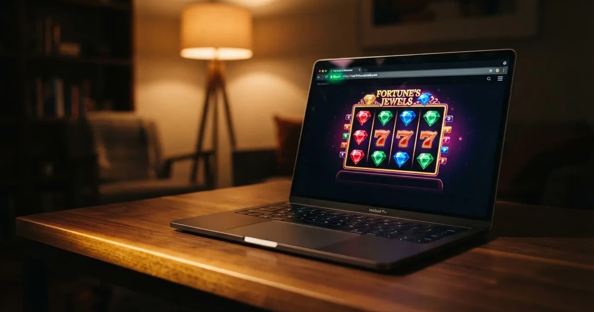 Laptop na biurku z otwartą stroną kasyna internetowego i ikoną kłódki szyfrowania w pasku adresu przeglądarki