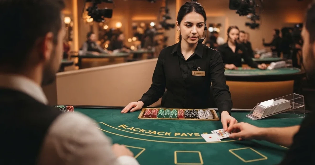 Krupier rozdający karty przy stole blackjacka na żywo w kasynie online