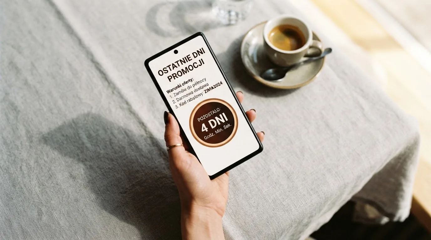 Zbliżenie na telefon z listą warunków promocji i licznikiem odliczającym dni do końca oferty