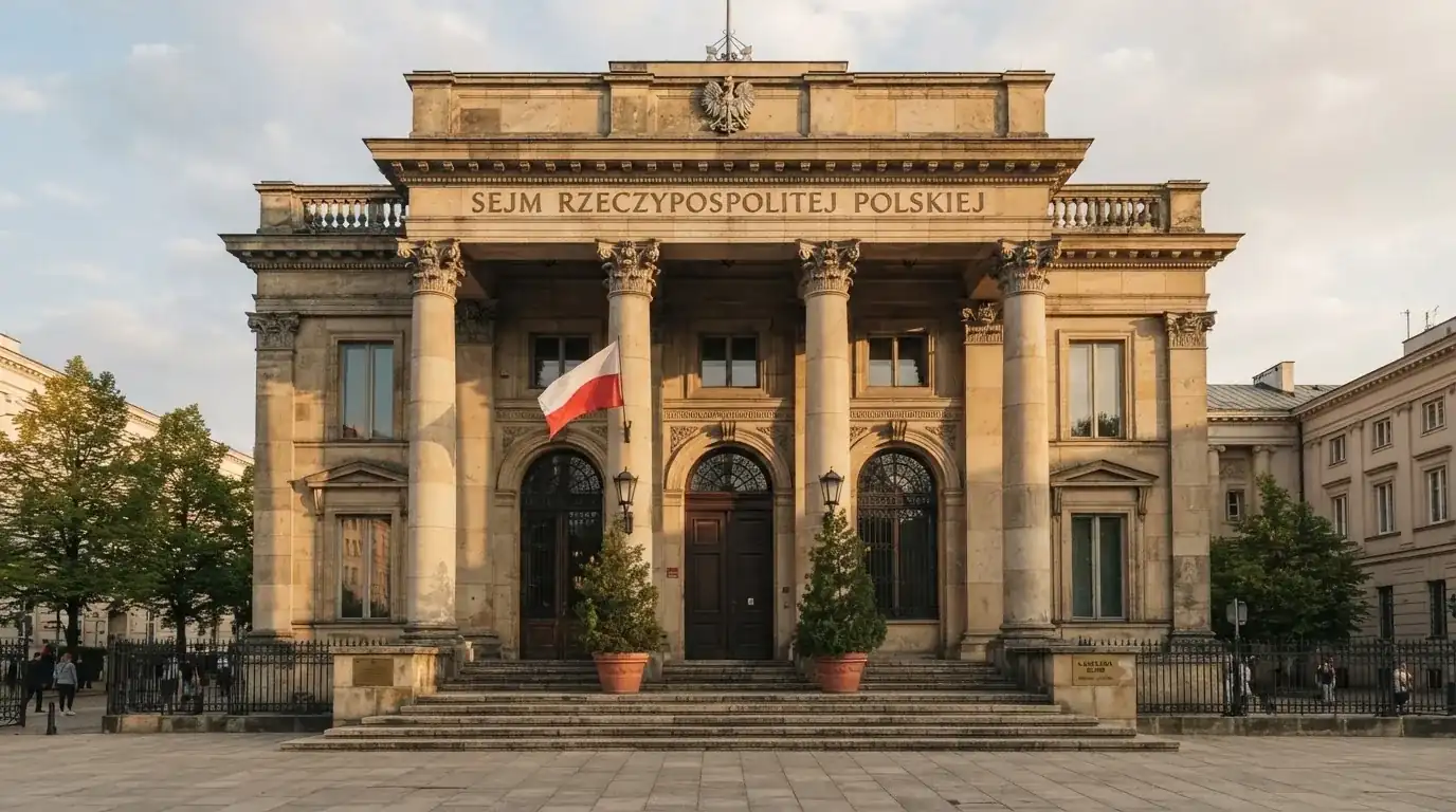 Fasada budynku instytucji państwowej z flagą Polski, symbol nadzoru regulatora nad rynkiem gier hazardowych