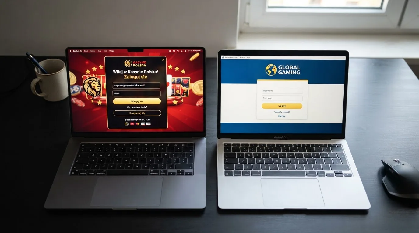 Dwa ekrany logowania kasyna online obok siebie na biurku, jeden z polskim interfejsem złotówkowym, symbolizujące porównanie dwóch różnych serwisów