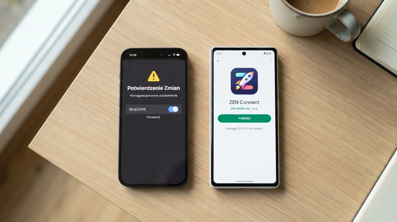 Dwa telefony obok siebie: na jednym komunikat zgody na instalację pliku APK z nieznanego źródła, na drugim strona aplikacji w sklepie z przyciskiem pobierania