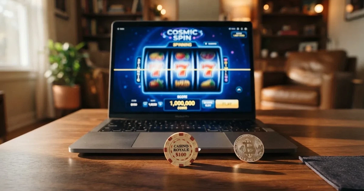 Ekran laptopa z otwartą stroną porównania kasyn online obok fizycznego żetonu i symbolu kryptowaluty Bitcoin Cash.