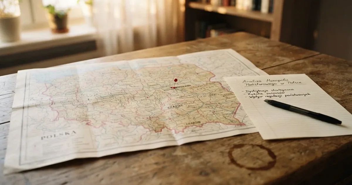 Mapa Polski rozłożona na biurku z jedną czerwoną pinezką wbitą w Warszawę i kartką z odręcznym dopiskiem o monopolu państwa