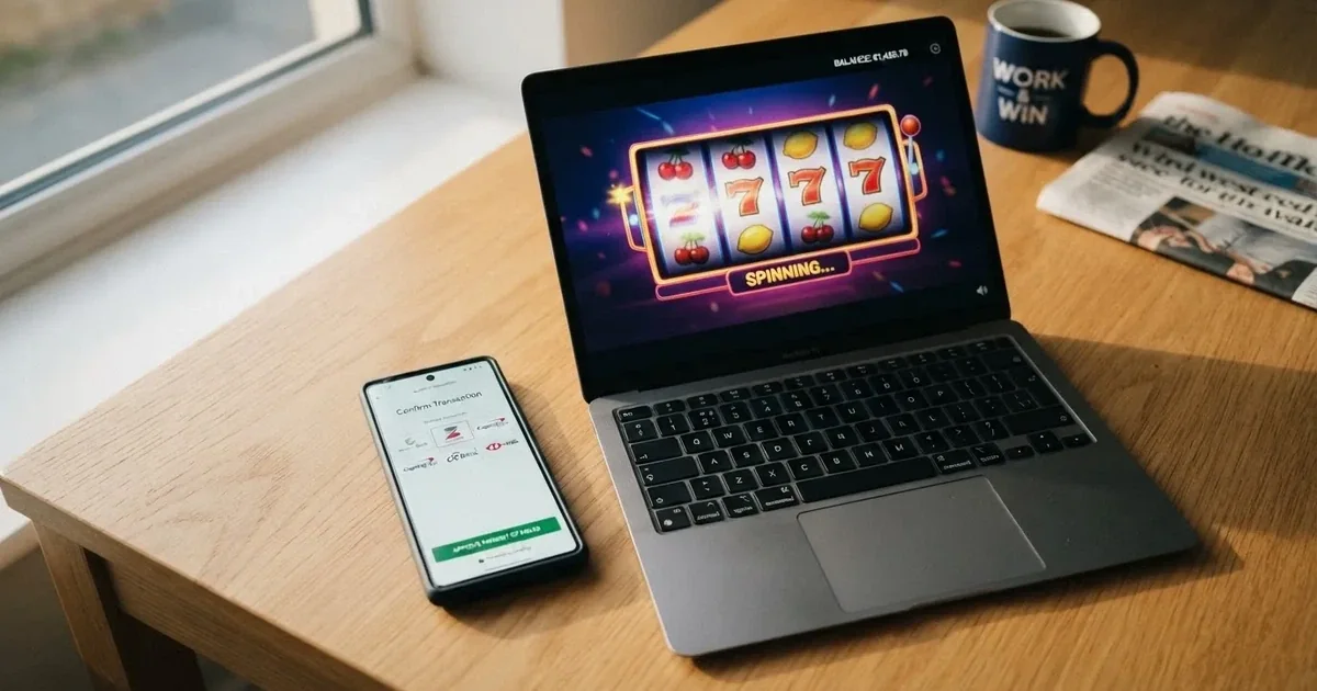 Smartfon z ekranem wyboru banku i zatwierdzania przelewu obok laptopa z otwartą stroną gry, bez logotypów