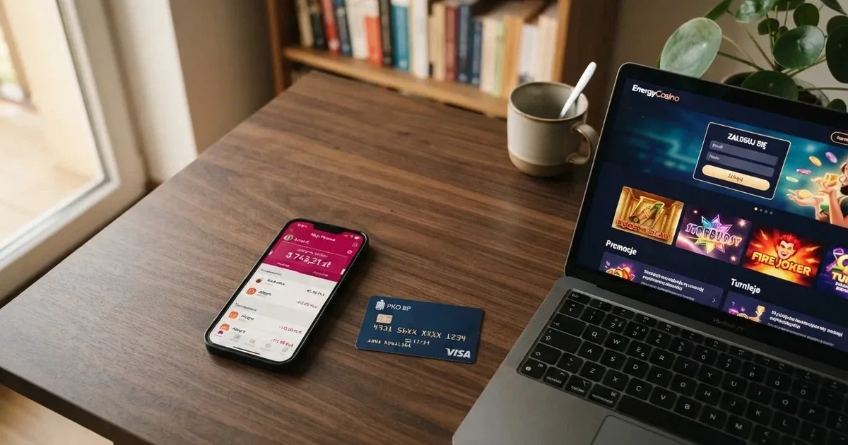 Ekran aplikacji bankowej na smartfonie leżącym obok karty płatniczej i otwartego na laptopie ekranu logowania do serwisu gier online