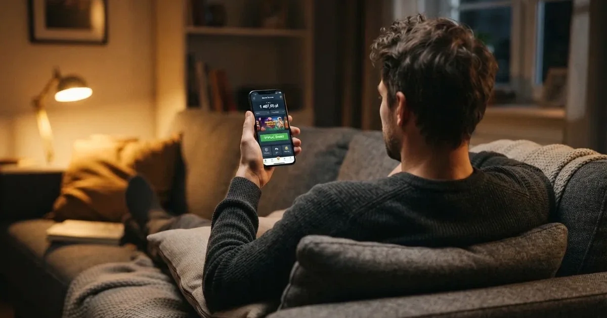 Dorosły mężczyzna na kanapie trzyma smartfon z Androidem, na ekranie saldo konta gracza w złotych obok przycisku wypłaty
