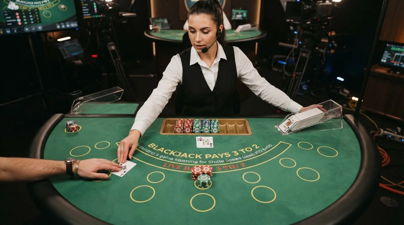 Krupier rozdający karty przy stole blackjacka podczas transmisji na żywo
