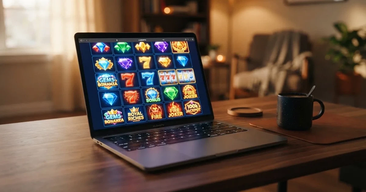 widok lobby wirtualnego kasyna na ekranie laptopa z rzędami ikon gier automatów