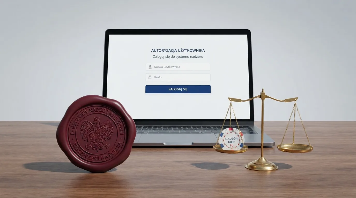 Symboliczna pieczęć urzędowa i waga obok ekranu logowania do serwisu hazardowego