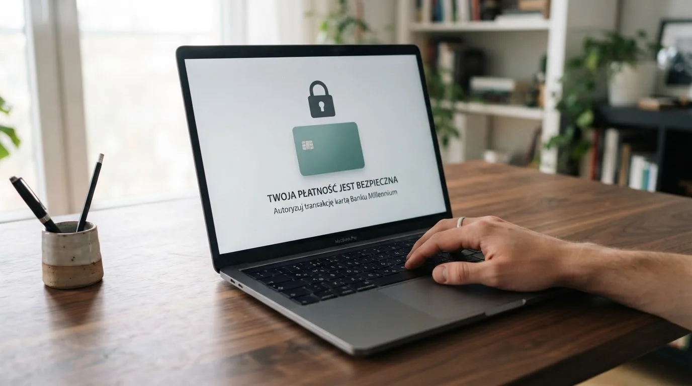 Laptop na biurku pokazuje prosty symbol kłódki nad sylwetką ikony płatności, dłoń spoczywa na klawiaturze