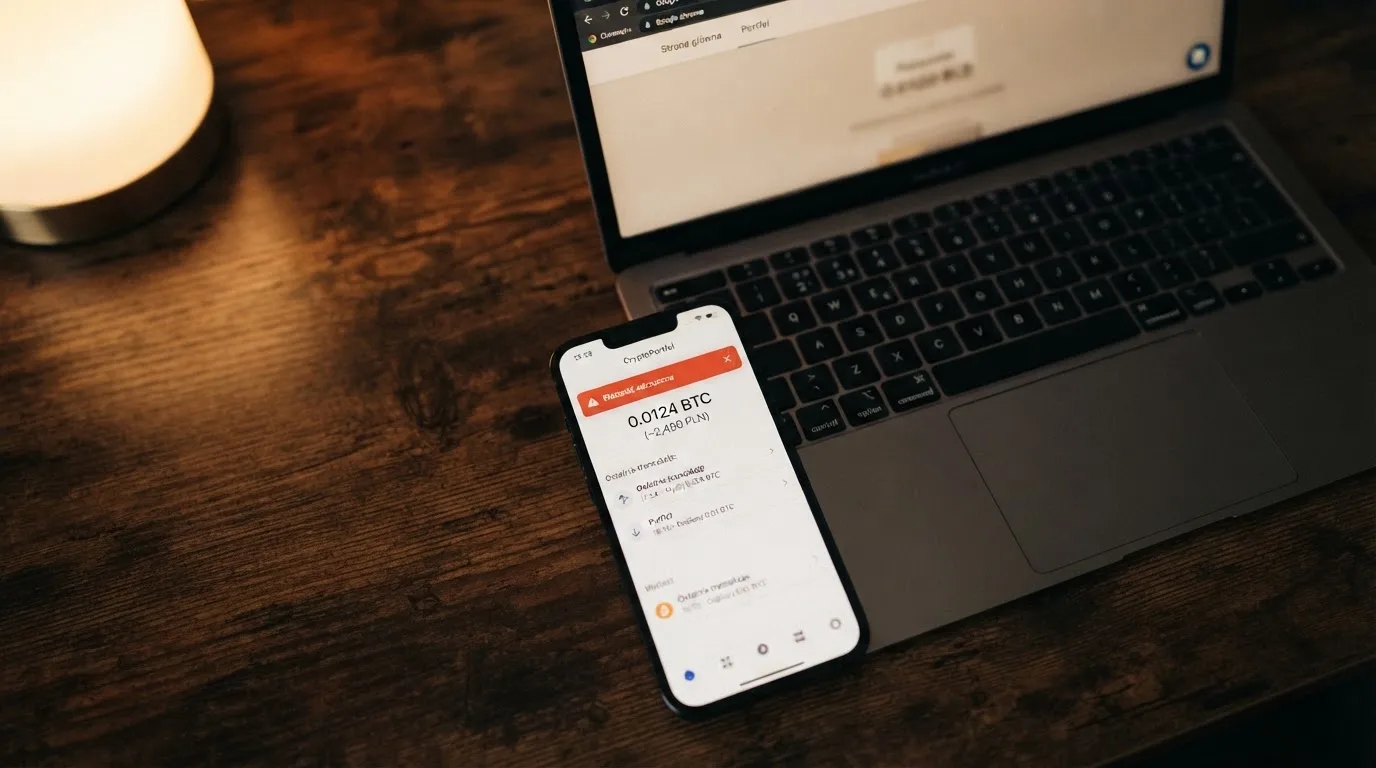 Smartfon z otwartym portfelem kryptowalut i komunikatem o odrzuconej płatności leżący obok laptopa