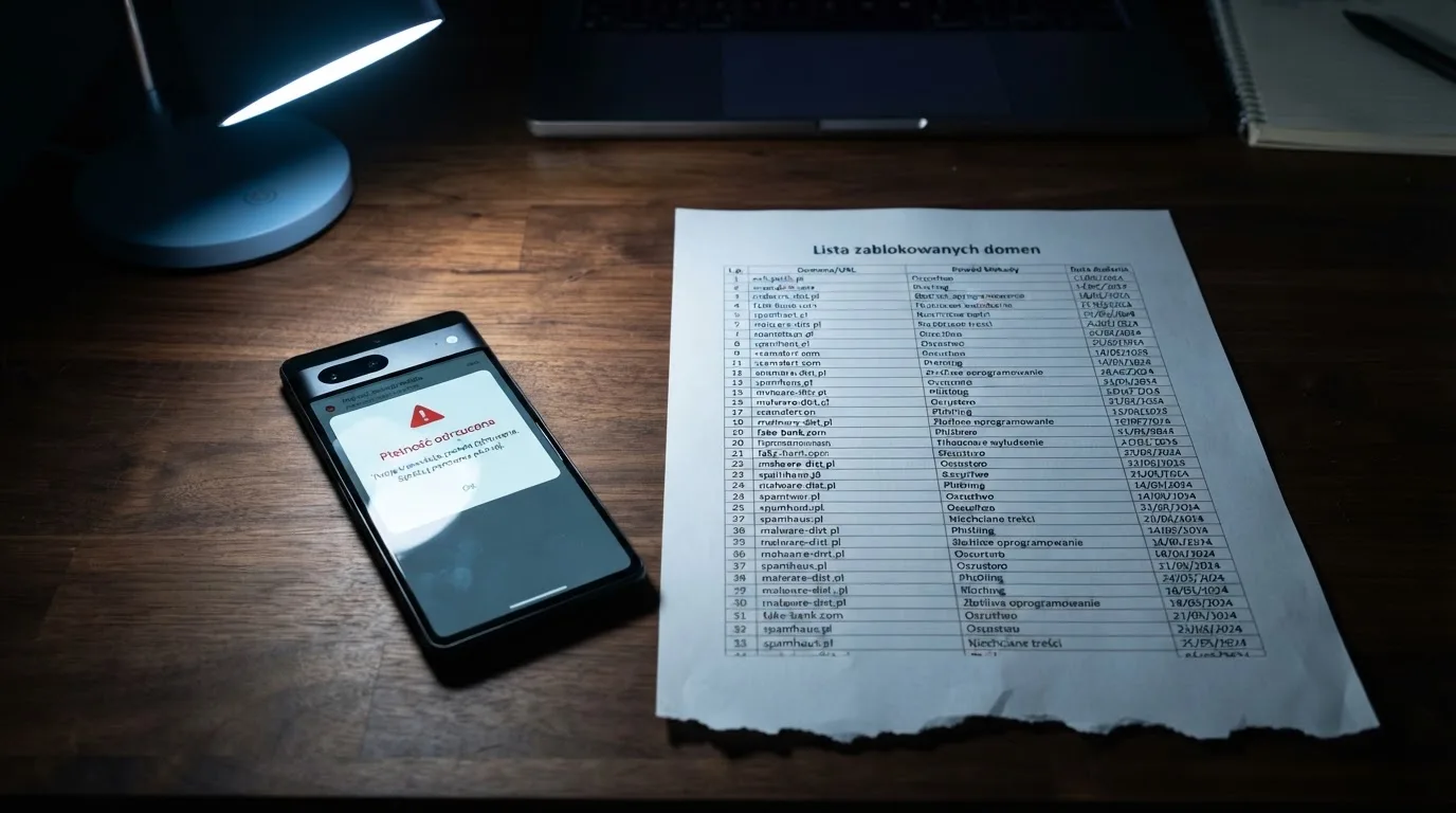 Telefon z komunikatem o odrzuconej płatności na ekranie, obok wydruk tabeli z listą zablokowanych adresów stron