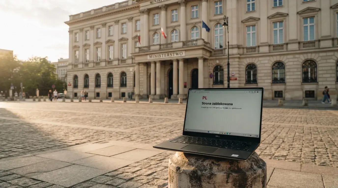 Budynek urzędu z tablicą ministerstwa, na pierwszym planie laptop z komunikatem o zablokowanej stronie kasyna