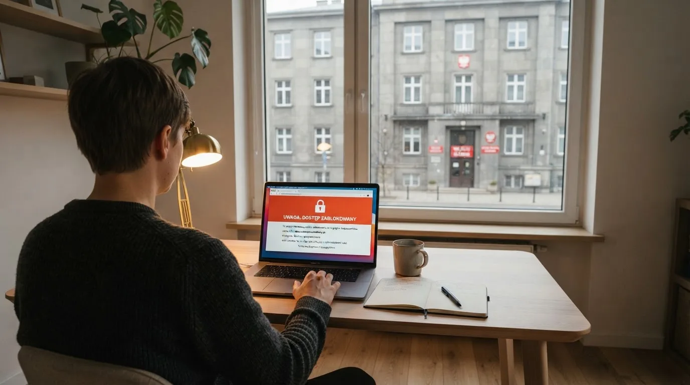 Laptop z komunikatem o zablokowanej stronie hazardowej, w tle budynek urzędu z tablicą ministerstwa
