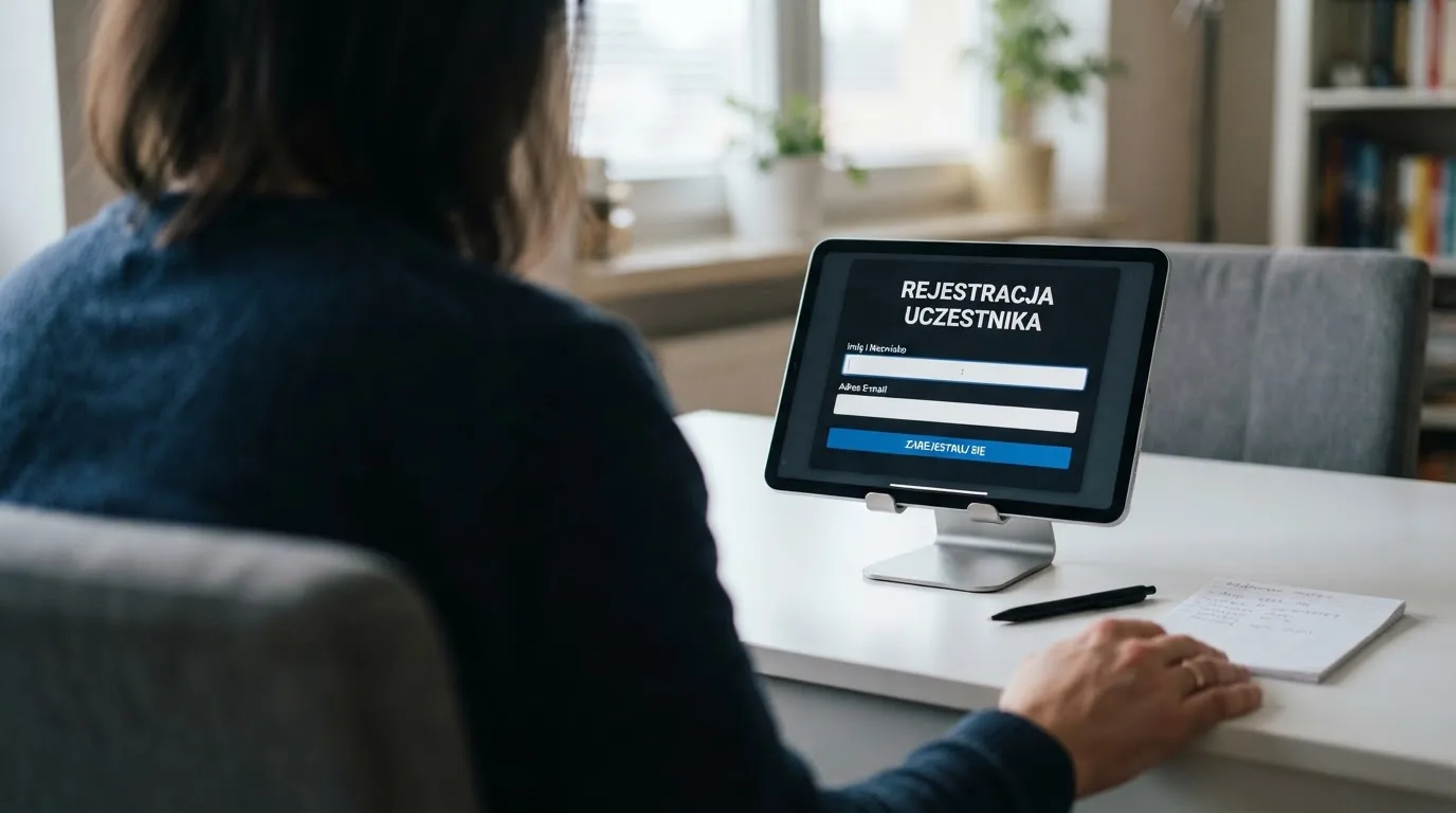 Formularz rejestracji konta gracza z polami na PESEL i numer dokumentu tożsamości na ekranie tabletu