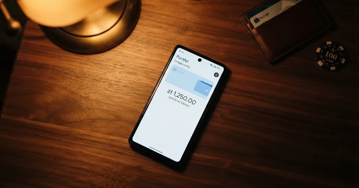 Ekran telefonu z ikoną portfela elektronicznego obok symbolu karty i przelewu bankowego, bez logo żadnego konkretnego kasyna