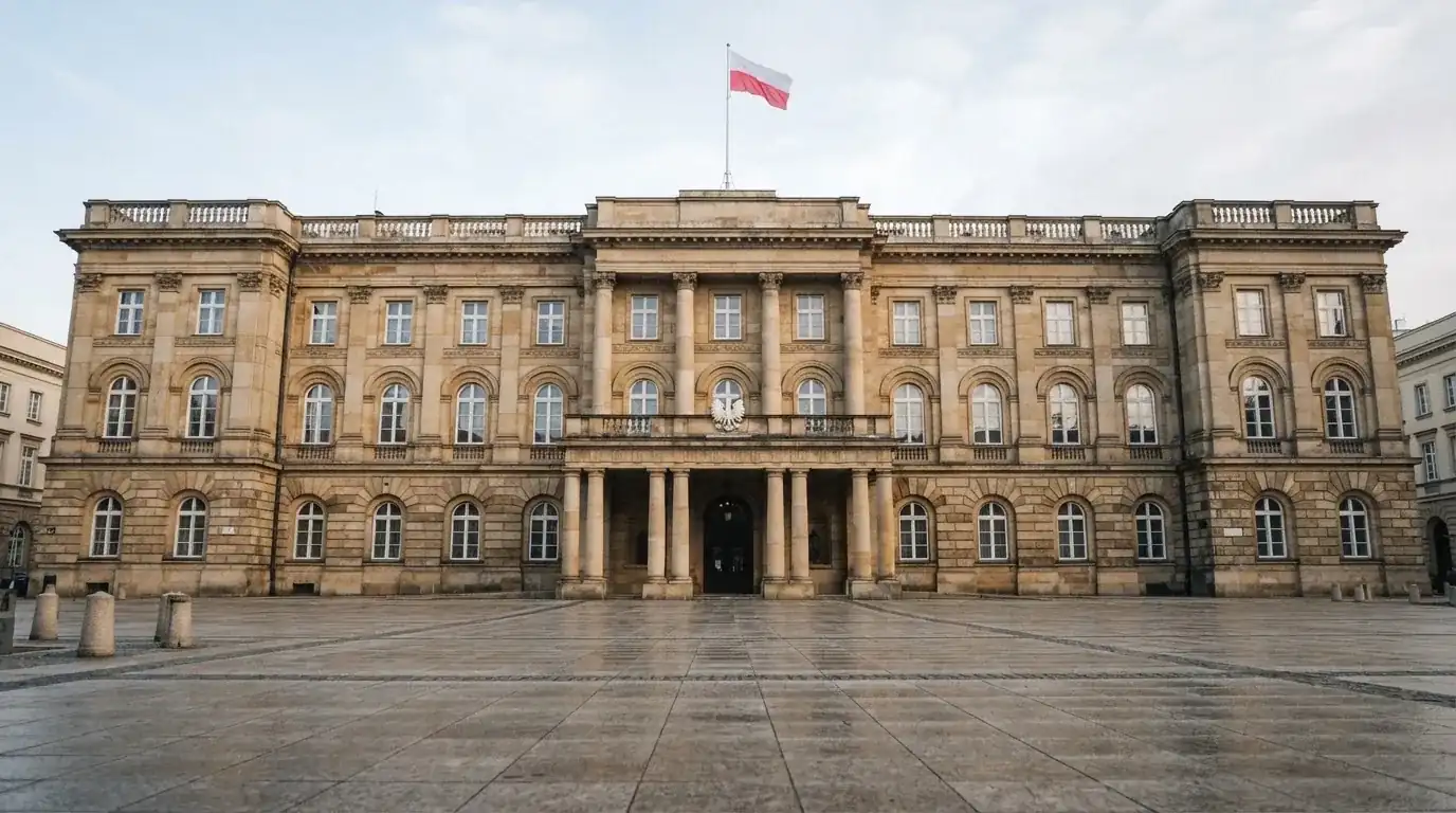 Budynek urzędu administracji państwowej z flagą Polski na maszcie w tle