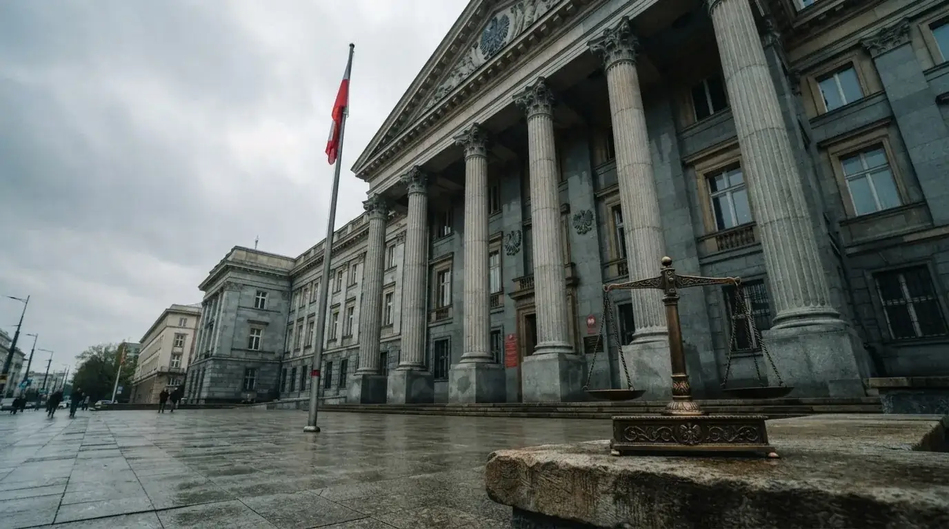 Budynek urzędu z flagą Polski w tle i symboliczna waga sprawiedliwości na pierwszym planie, bez logotypów firm