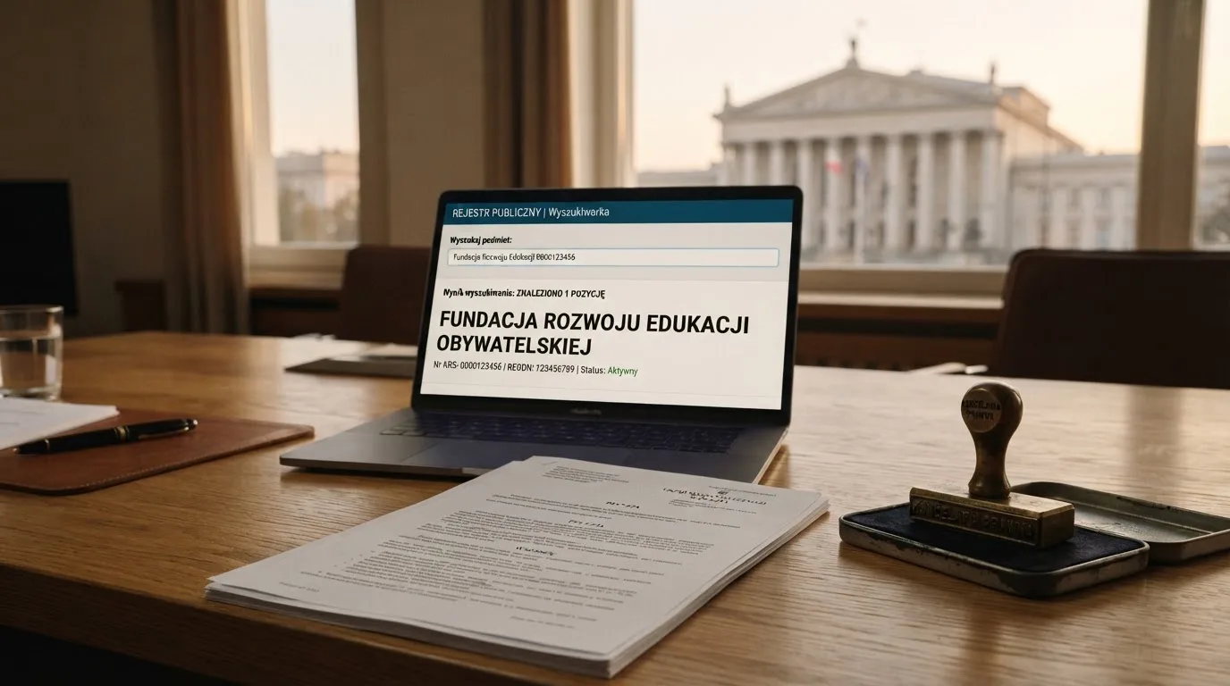Stos dokumentów urzędowych i pieczęć na biurku, w tle sylwetka budynku administracji publicznej