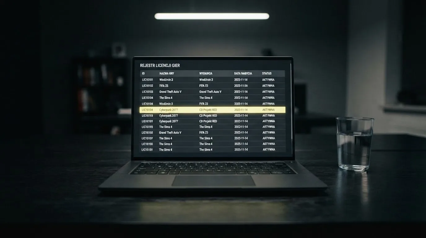 Ekran laptopa z otwartym rejestrem licencji regulatora z Curaçao, w którym jeden wiersz zaznaczono żółtym podświetleniem