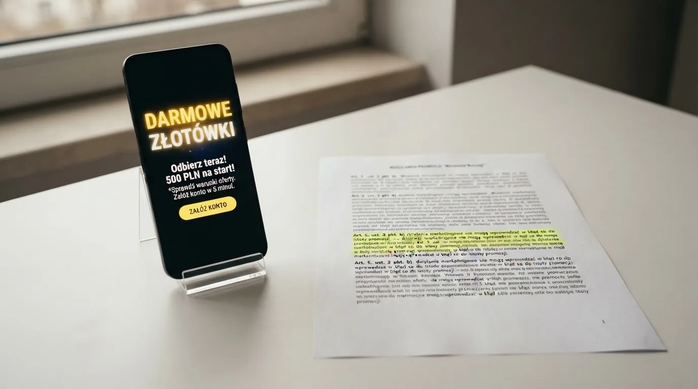 Telefon z banerem obiecującym darmowe złotówki za założenie konta, obok wydrukowany tekst ustawy o grach hazardowych z zaznaczonym artykułem