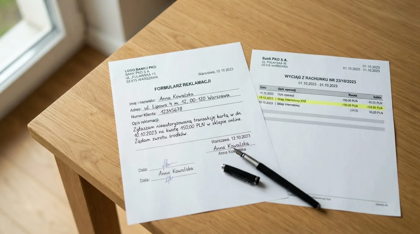 Wydrukowany formularz reklamacji leżący na biurku obok długopisu i wyciągu bankowego z zakreśloną pozycją