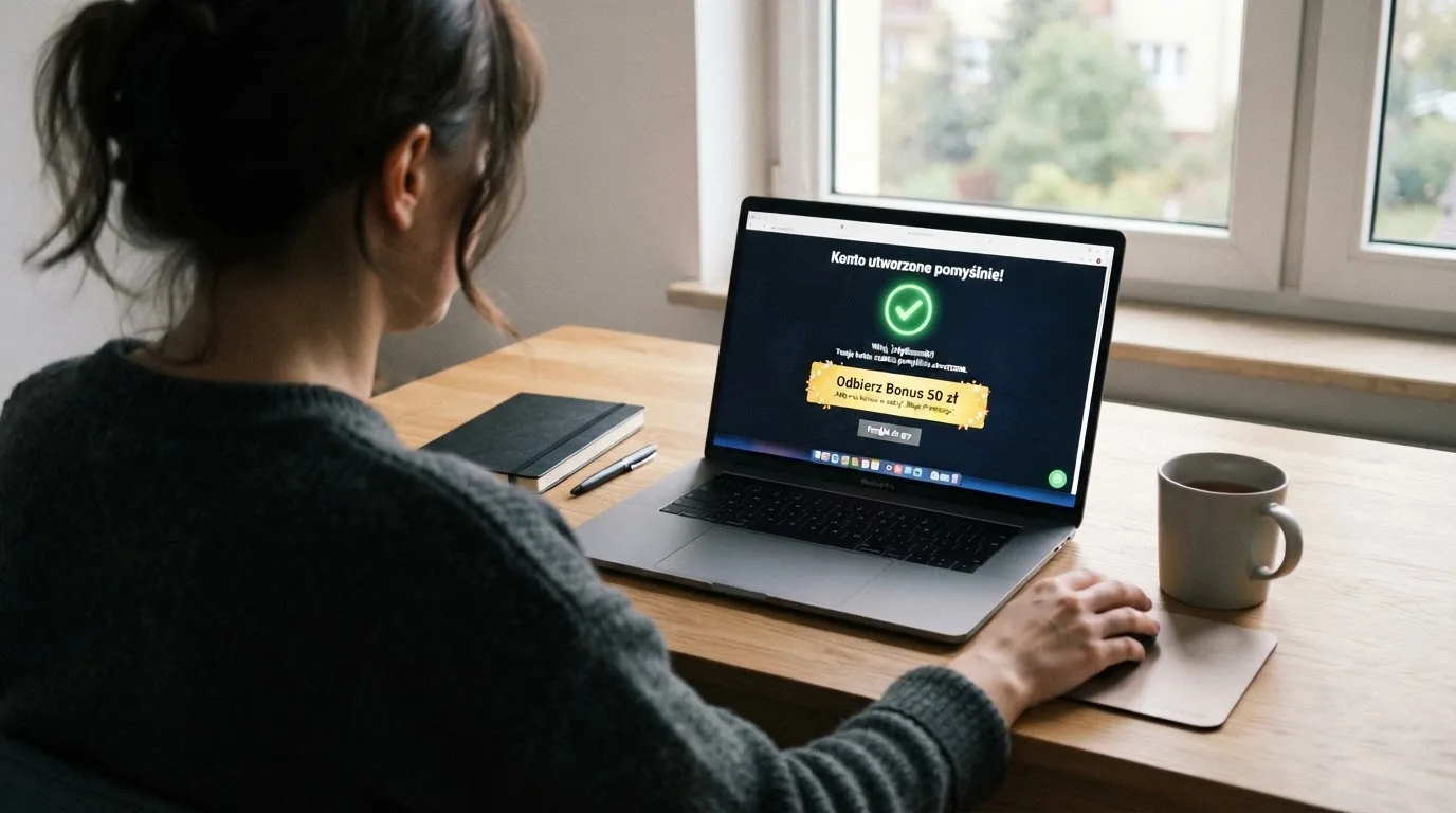 Ekran potwierdzenia założenia konta gracza w kasynie internetowym z komunikatem o bonusie startowym bez wpłaty