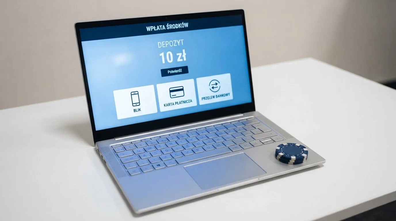 Laptop z otwartym oknem wpłaty na kwotę 10 zł i listą metod: BLIK, karta płatnicza, szybki przelew