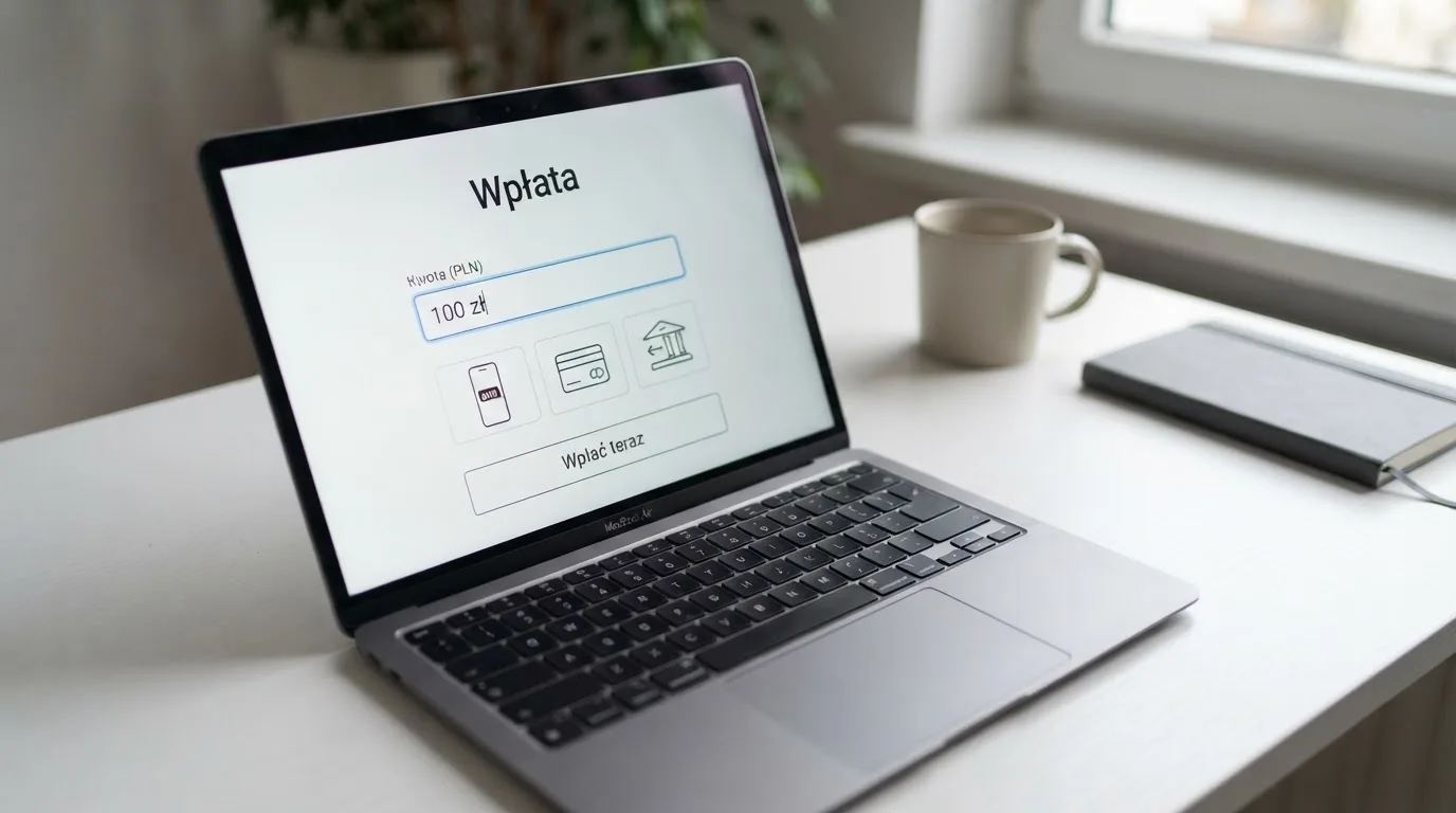 Laptop z oknem wpłaty na ePortfel, wpisana kwota 100 zł i lista metod: BLIK, karta płatnicza, szybki przelew
